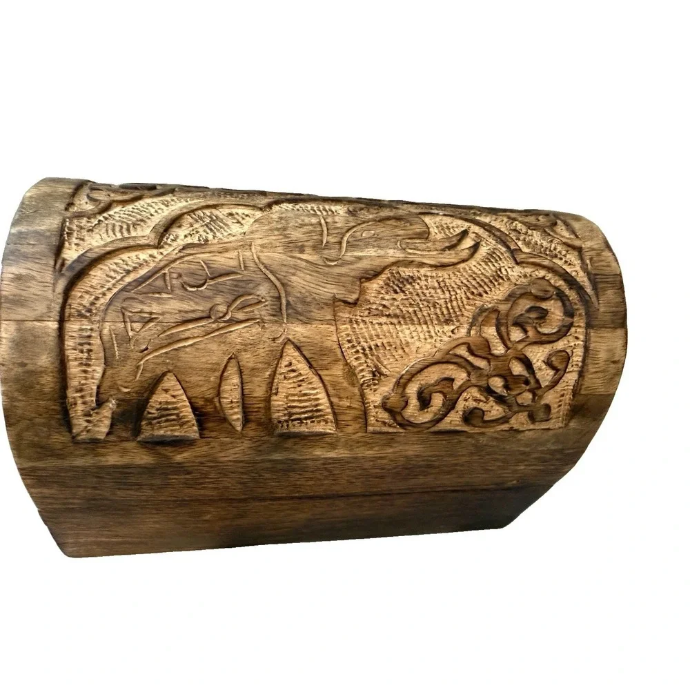 Vintage Wood Hand Carved Elephant Box Hinged Domed Lid 7